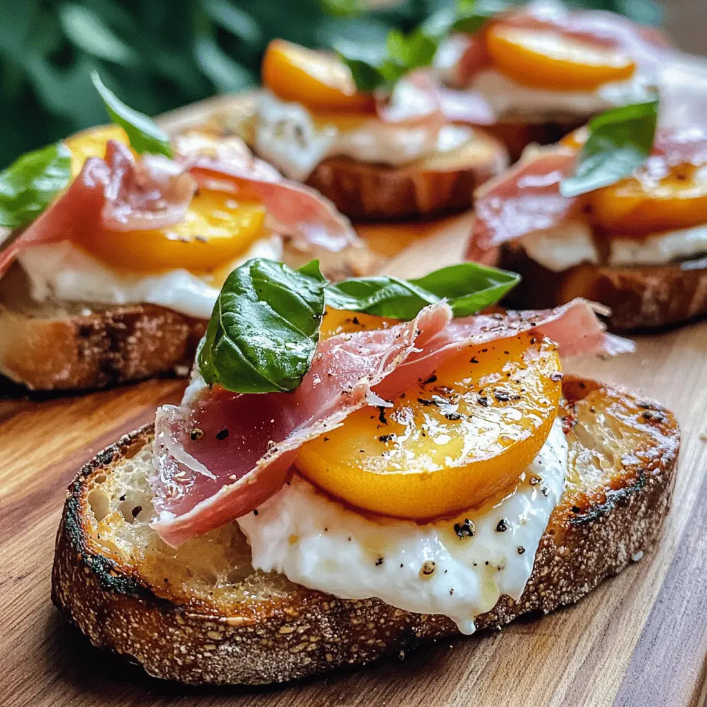 Elevate your appetizer game with these Cheesy Burrata Crostini topped with savory prosciutto and sweet peaches! This delightful combination offers a burst of flavors that's perfect for any gathering. Simple to prepare and visually appealing, save this recipe for your next brunch or summer soirée! Perfect for impressing friends and family.