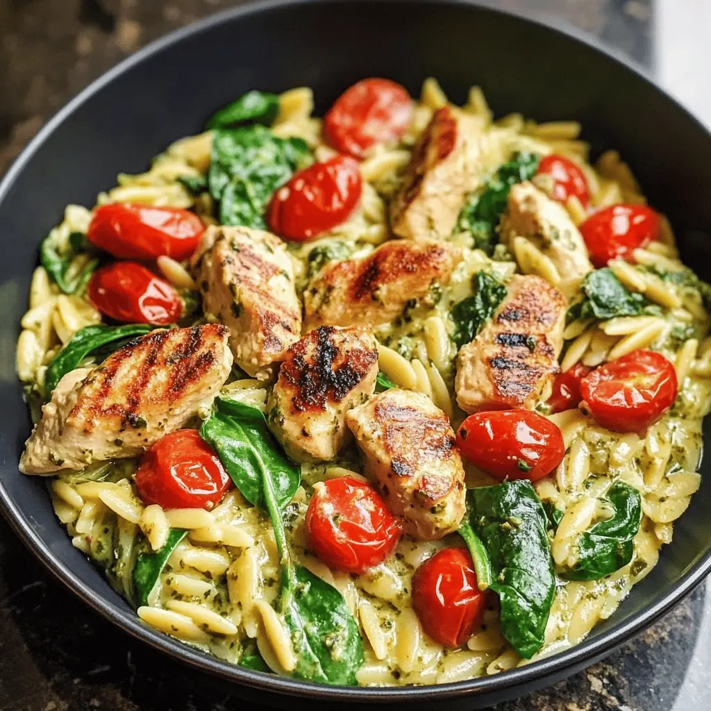 This Creamy Chicken Orzo is a delicious one-pot meal with tender chicken, fresh spinach, juicy cherry tomatoes, and a burst of basil pesto flavor. Perfect for busy weeknights or a cozy dinner, this dish is both satisfying and easy to prepare. Save this recipe for your next family gathering or a quick weeknight dinner that everyone will love!