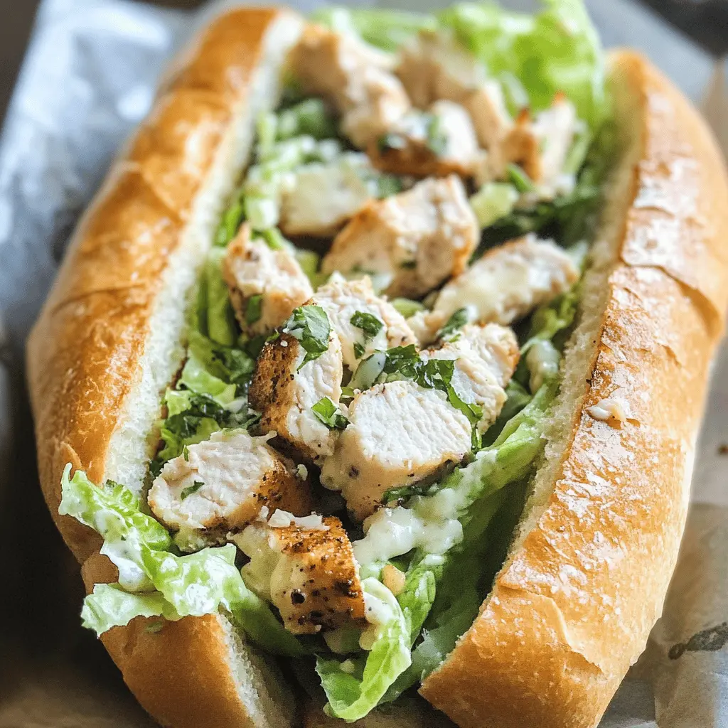 Transform your lunch game with this Garlic Bread Chicken Caesar Sandwich! Enjoy the rich flavors of tender chicken, crisp romaine, and creamy Caesar dressing, all nestled between golden, buttery garlic bread. Perfect for a quick and satisfying meal any day of the week. Save this recipe to impress your family and friends at your next gathering!