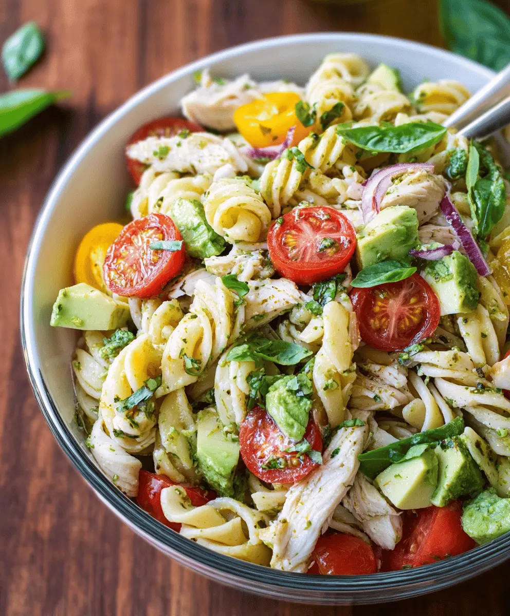 Healthy Chicken Pasta Salad with Avocado and Tomato