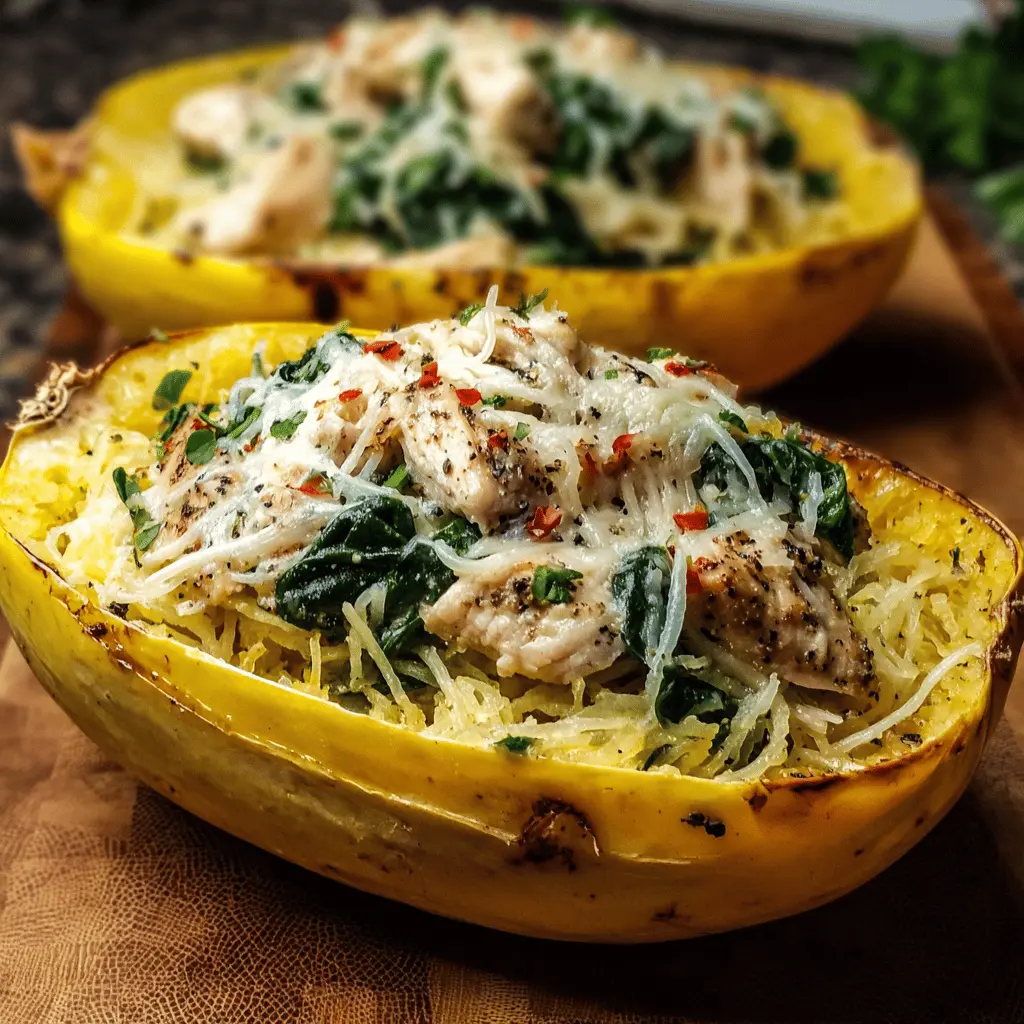 Garlic Parmesan Stuffed Spaghetti Squash with Chicken and Spinach