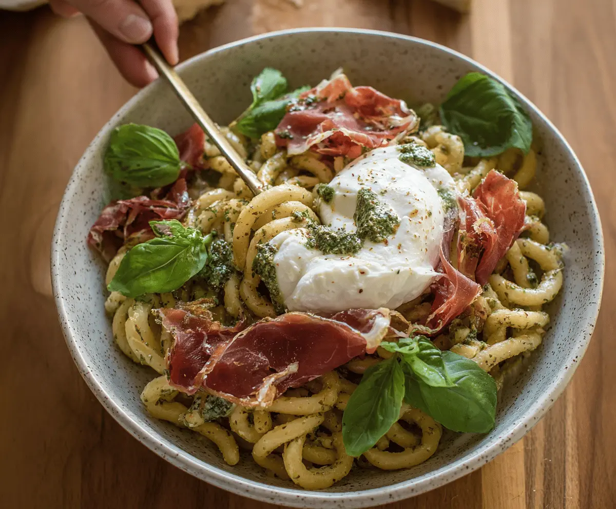 Creamy Basil Garlic Pasta with Prosciutto & Burrata