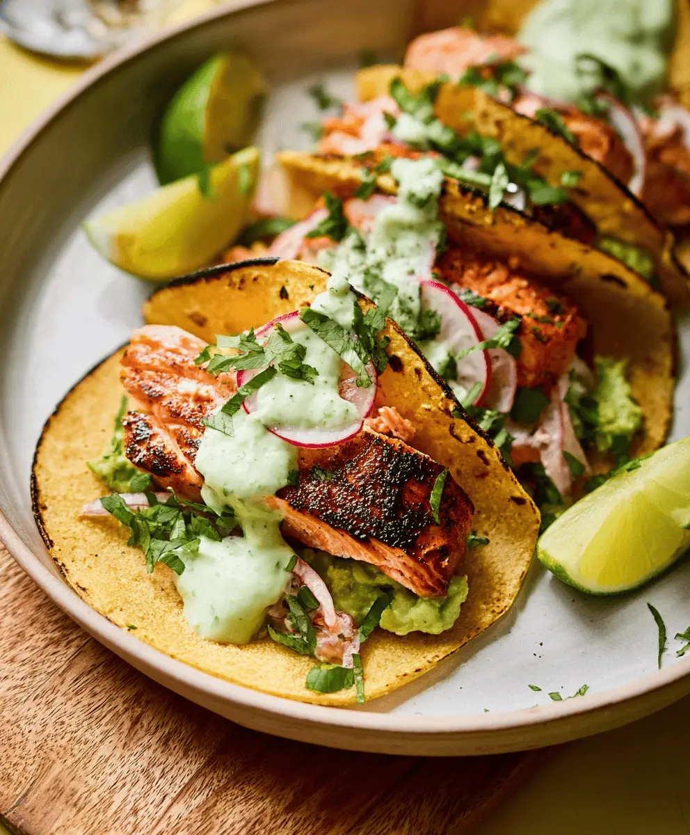 Easy 25-Minute Grilled Salmon Tacos with Creamy Avocado Sauce