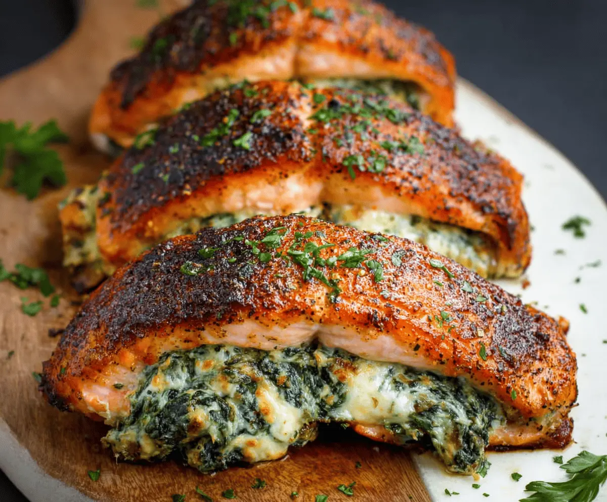 Blackened Salmon Stuffed With Spinach And Parmesan