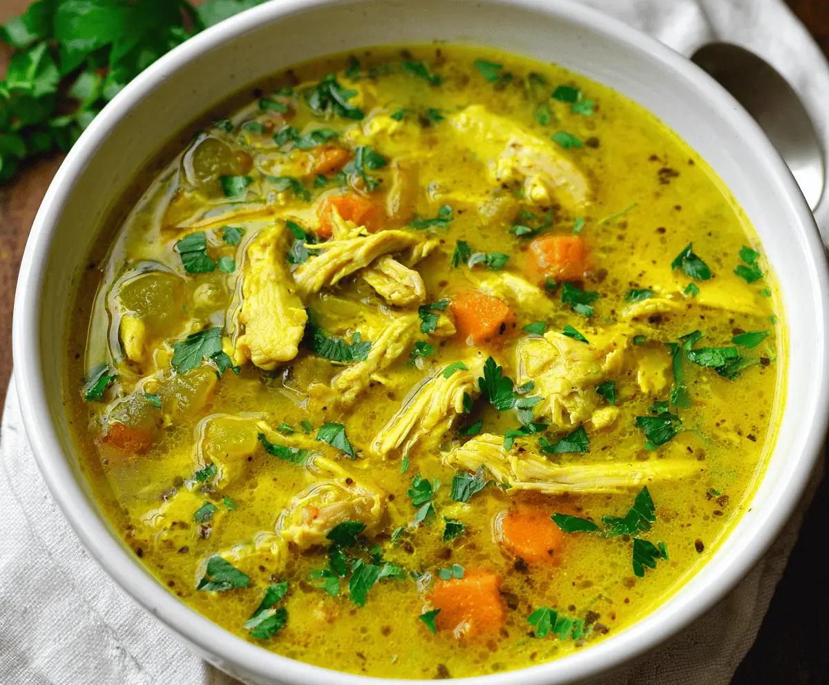A bowl of warm turmeric chicken soup garnished with fresh herbs and vegetables, showcasing anti-inflammatory ingredients like turmeric, chicken, carrots, and celery.