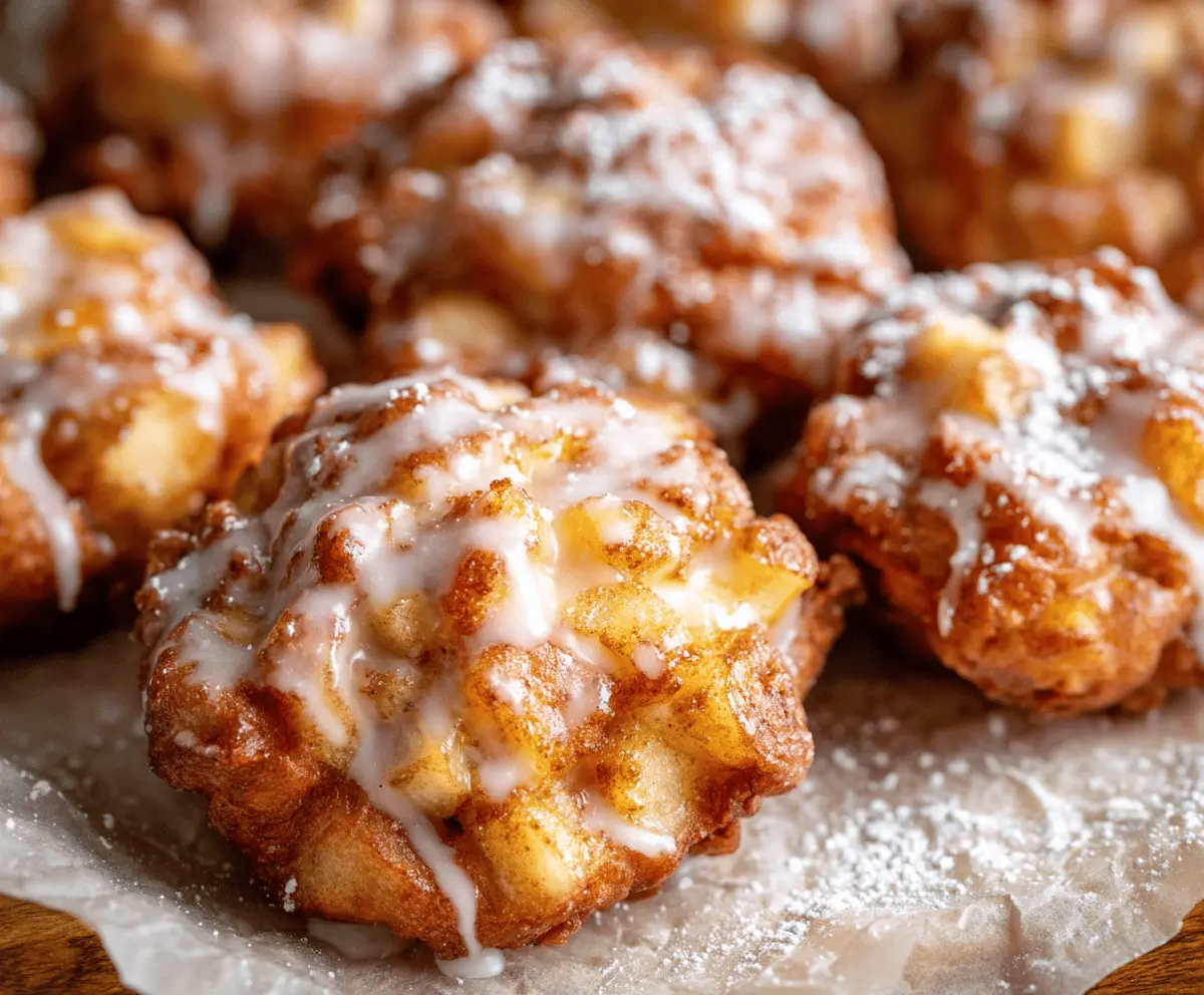 Golden baked apple fritters topped with powdered sugar and cinnamon, served on a rustic plate, perfect for a cozy breakfast or dessert.