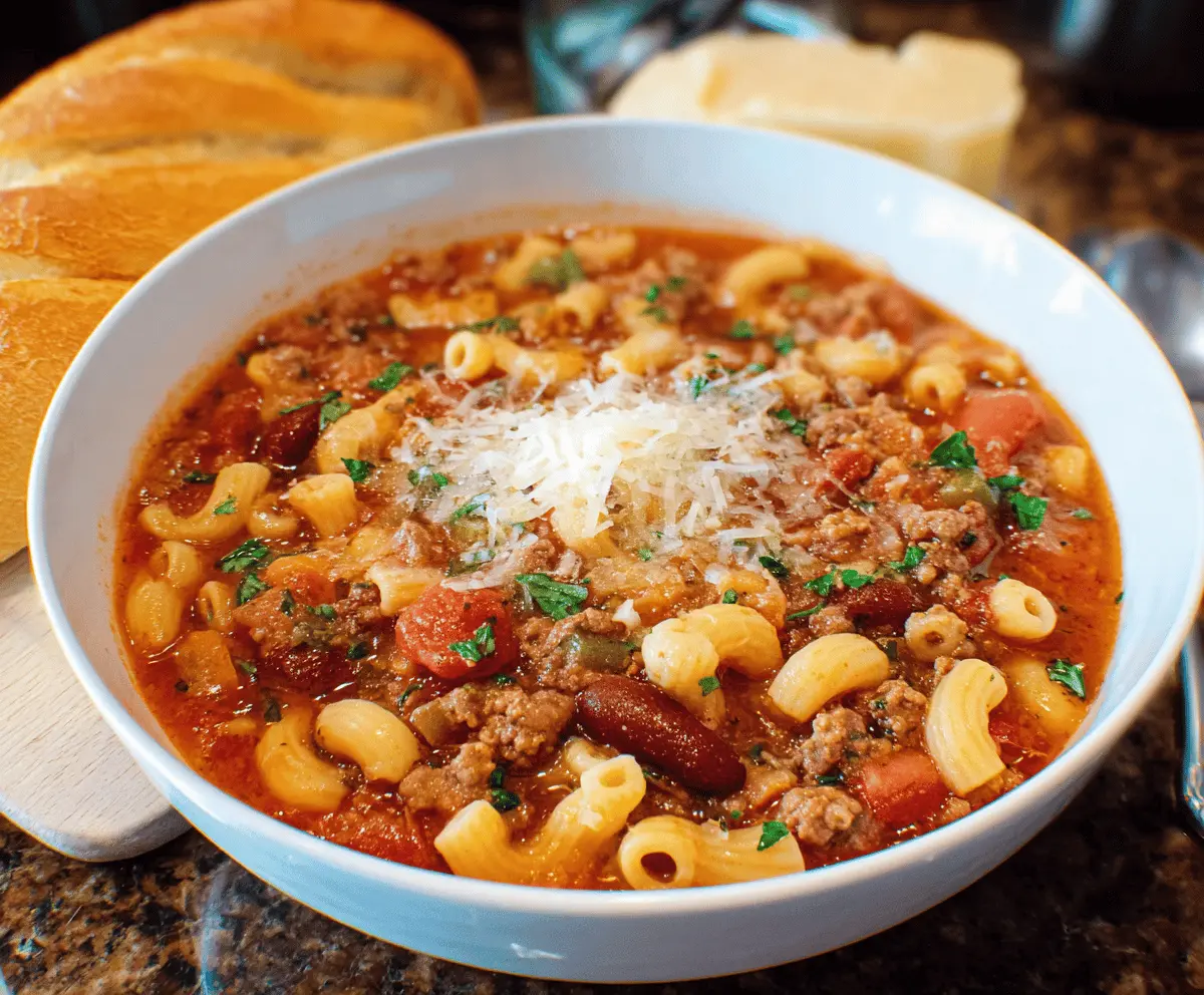 Creamy Olive Garden Pasta e Fagioli soup featuring beans, pasta, and herbs in a bowl for a comforting, homemade Italian-inspired meal