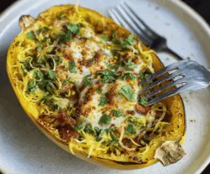 Delicious breakfast spaghetti squash boat filled with scrambled eggs, cheese, and vegetables on a rustic wooden table