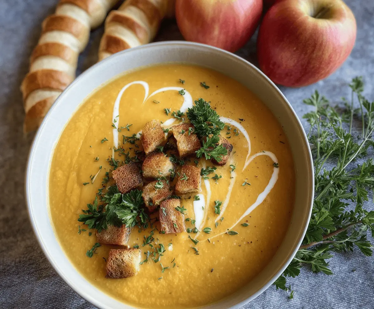 Creamy butternut squash and apple sheet pan soup garnished with herbs in a bowl, served with fresh bread