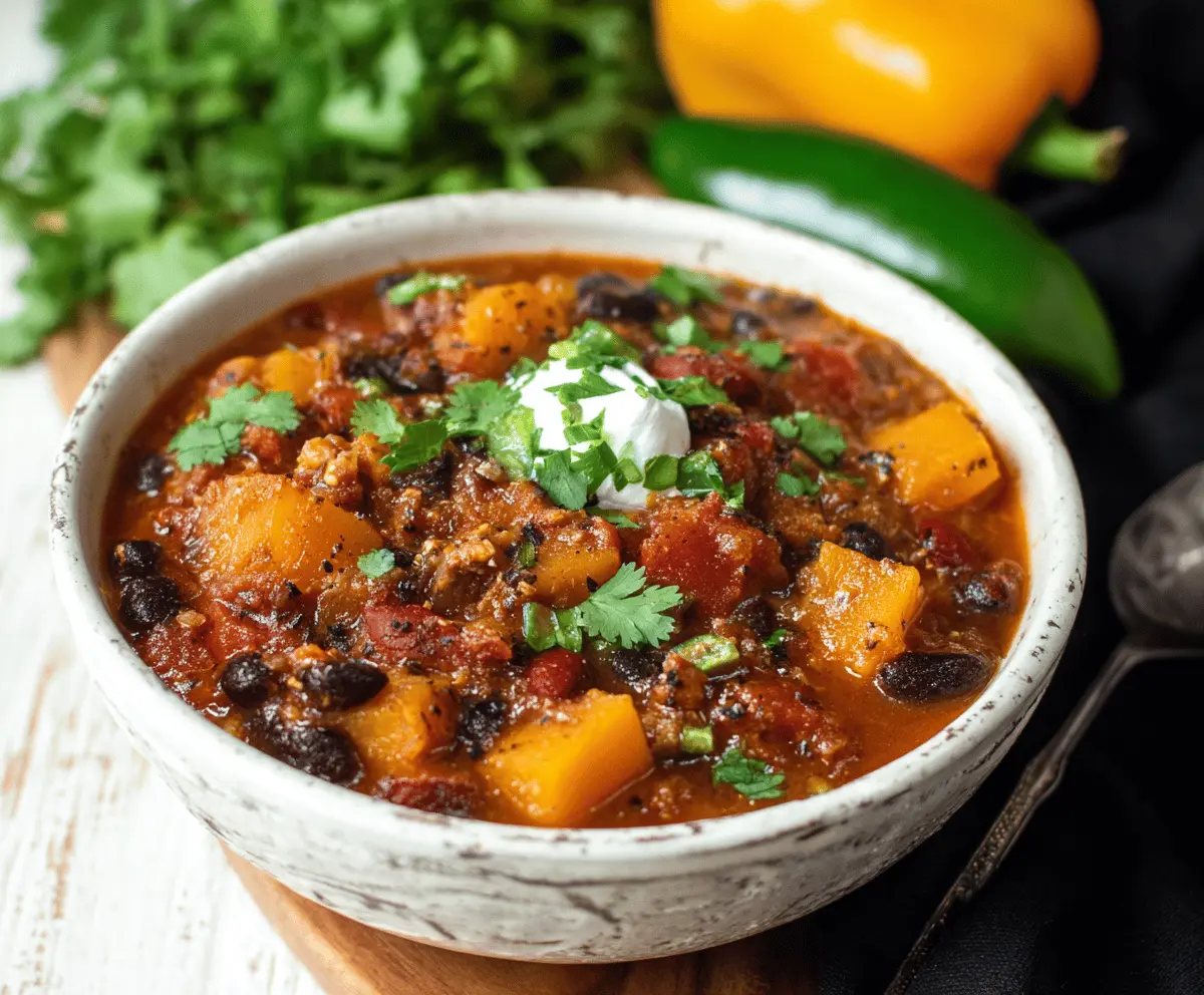 A bowl of hearty butternut squash chili garnished with fresh herbs, served with crusty bread on the side.