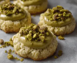 Delicious buttery pistachio thumbprint cookies topped with crushed pistachios and a sweet jam center on a white plate
