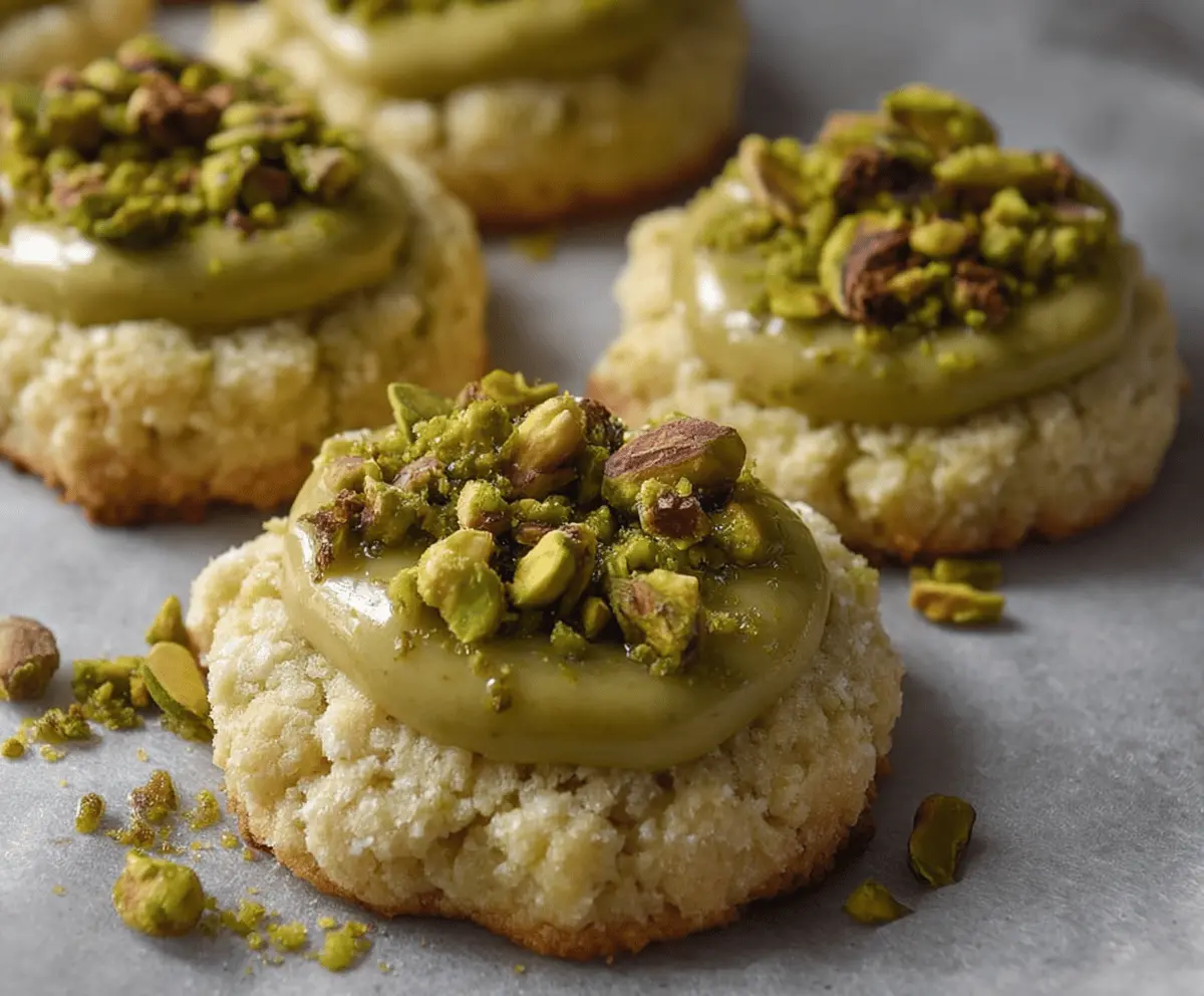 Delicious buttery pistachio thumbprint cookies topped with crushed pistachios and a sweet jam center on a white plate