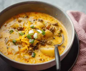 Creamy Cheesy Hamburger Potato Soup topped with melted cheese, fresh herbs, and served in a bowl, perfect for comfort food lovers.