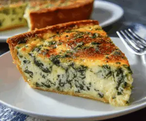 Delicious cheesy spinach quiche with golden crust and melted cheese, served hot on a plate, perfect for breakfast or brunch.
