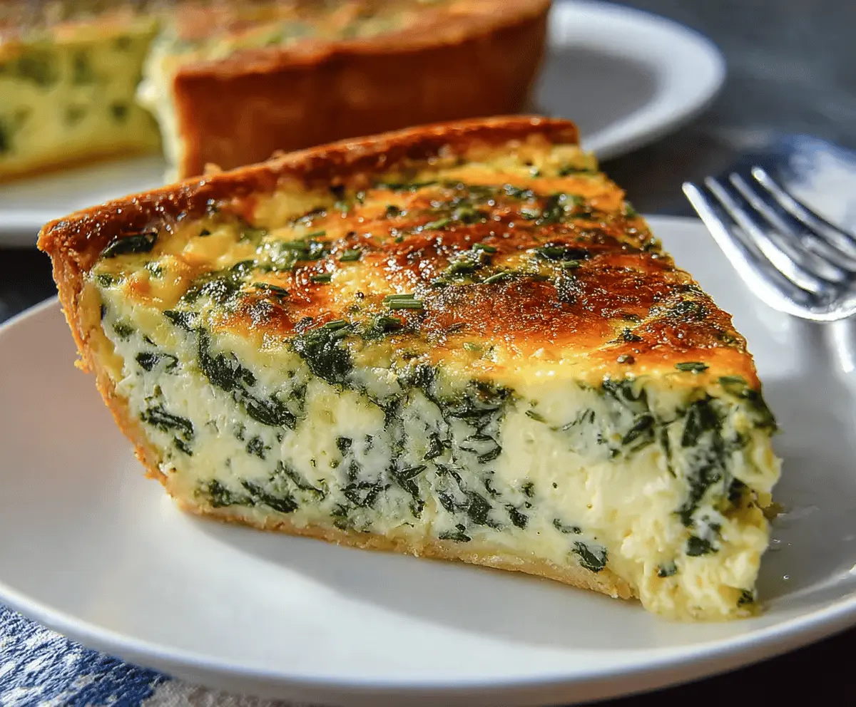 Delicious cheesy spinach quiche with golden crust and melted cheese, served hot on a plate, perfect for breakfast or brunch.