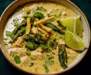 Creamy Chicken and Roasted Poblano Pepper Soup served in a bowl, garnished with fresh herbs and accompanied by toasted bread
