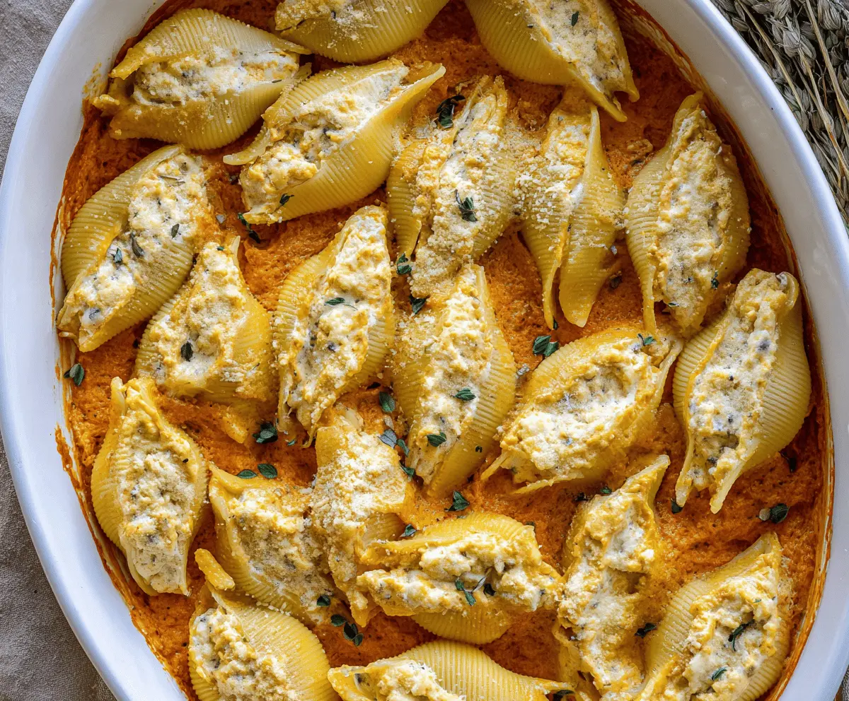 Delicious creamy pumpkin ricotta stuffed shells topped with melted cheese and fresh herbs, perfect for a comforting fall meal.
