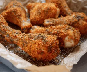 Crispy baked breaded chicken drumsticks served on a plate, golden and delicious, ready to enjoy