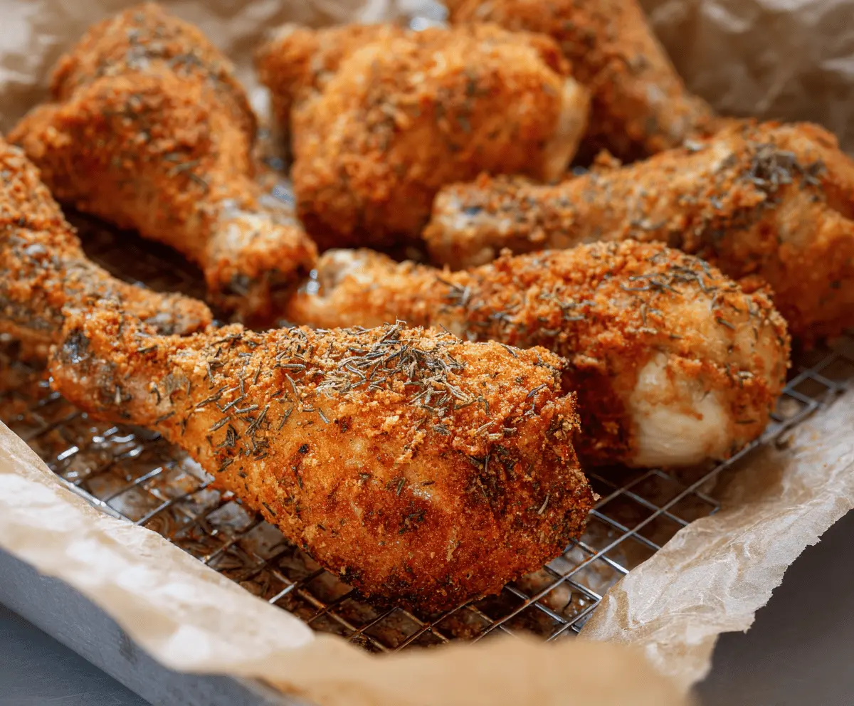 Crispy baked breaded chicken drumsticks served on a plate, golden and delicious, ready to enjoy