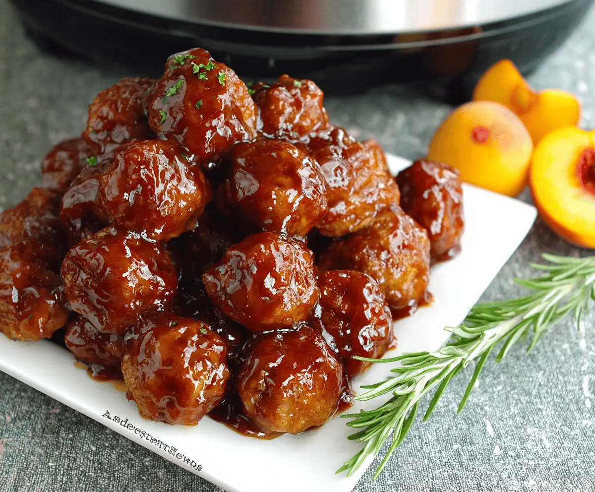 Delicious Crockpot BBQ Peach Meatballs served in a bowl with fresh herbs, perfect for a sweet and savory appetizer or main dish