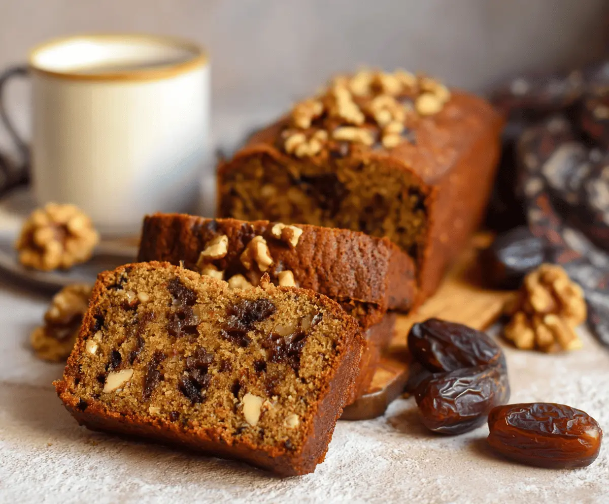 Delicious Date and Walnut Tea Cake sliced on a plate with a cup of tea, featuring a golden-brown crust and walnut pieces, perfect for afternoon tea or dessert.