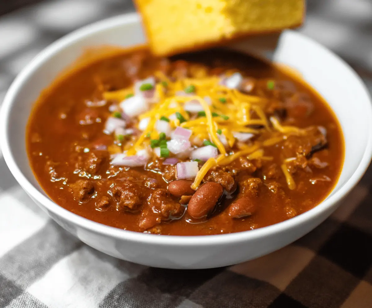 A bowl of hearty Texas Roadhouse chili topped with shredded cheese and fresh herbs, served alongside cornbread and a side of sour cream.