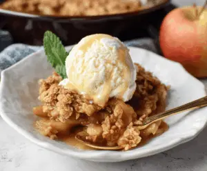 Delicious homemade easy apple crisp topped with sweet pie filling, served warm with a golden-brown crunchy crust.