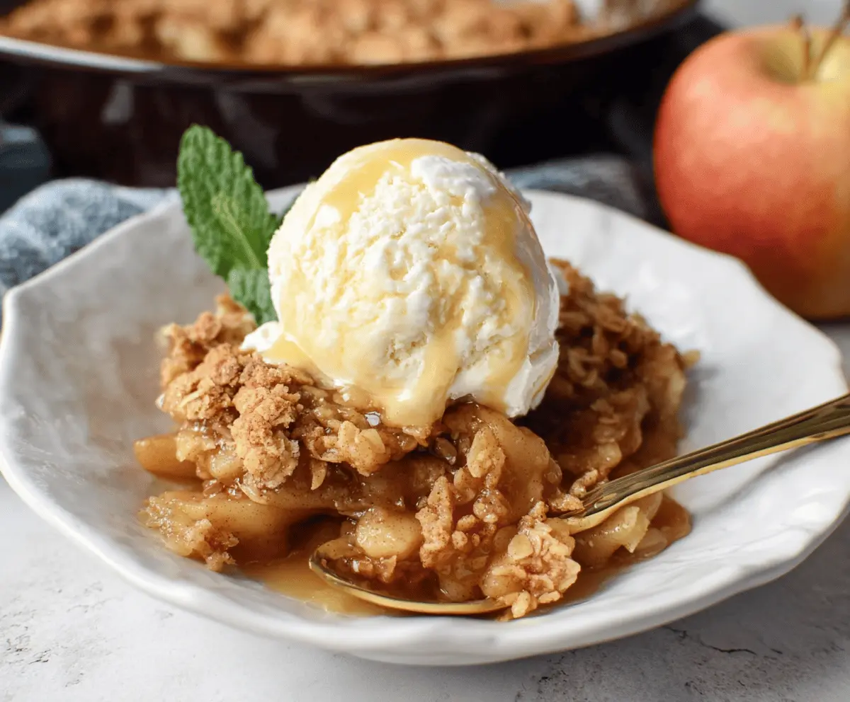Delicious homemade easy apple crisp topped with sweet pie filling, served warm with a golden-brown crunchy crust.