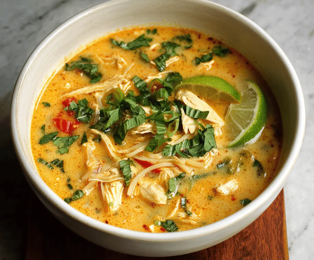Creamy and flavorful Thai Chicken Soup with fresh herbs, vegetables, and tender chicken in a fragrant broth.