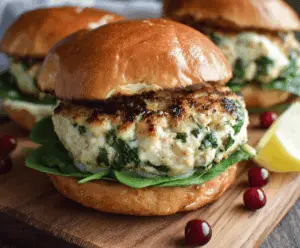 Juicy healthy white cheddar spinach chicken burgers served with fresh greens on a plate, perfect for a nutritious meal
