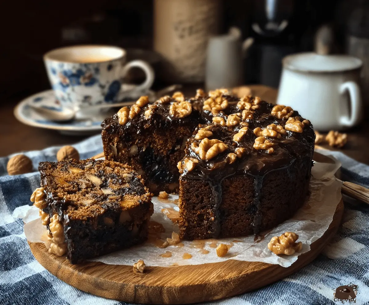 Delicious moist espresso date cake topped with crunchy walnuts, perfect for dessert or coffee break