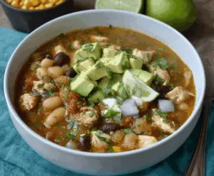 Juicy lime chicken chili served in a bowl with fresh cilantro and diced vegetables, perfect for a flavorful and spicy meal