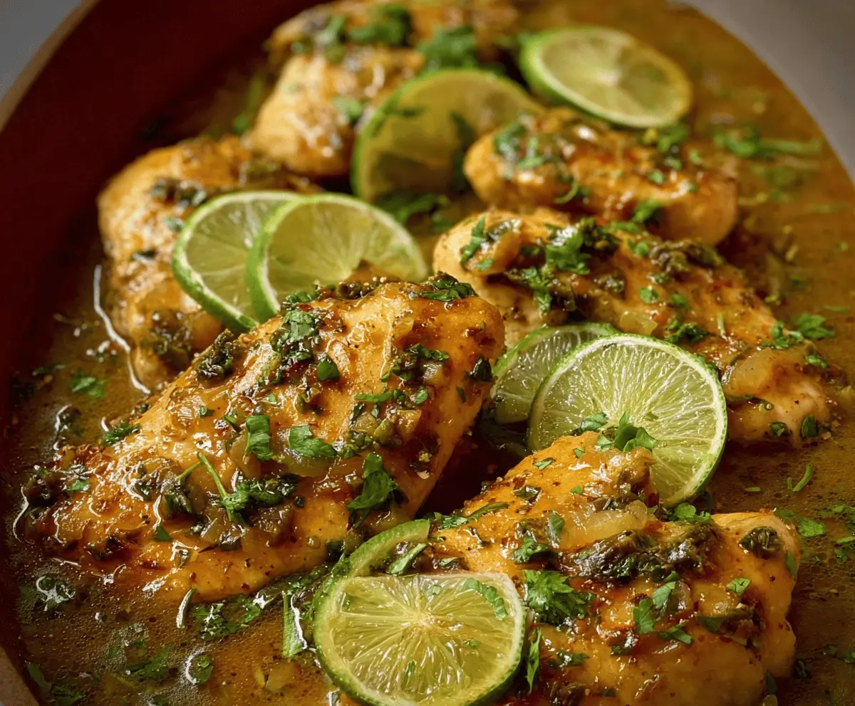 Juicy lime green chili chicken garnished with fresh herbs on a white plate, perfect for a spicy flavorful meal