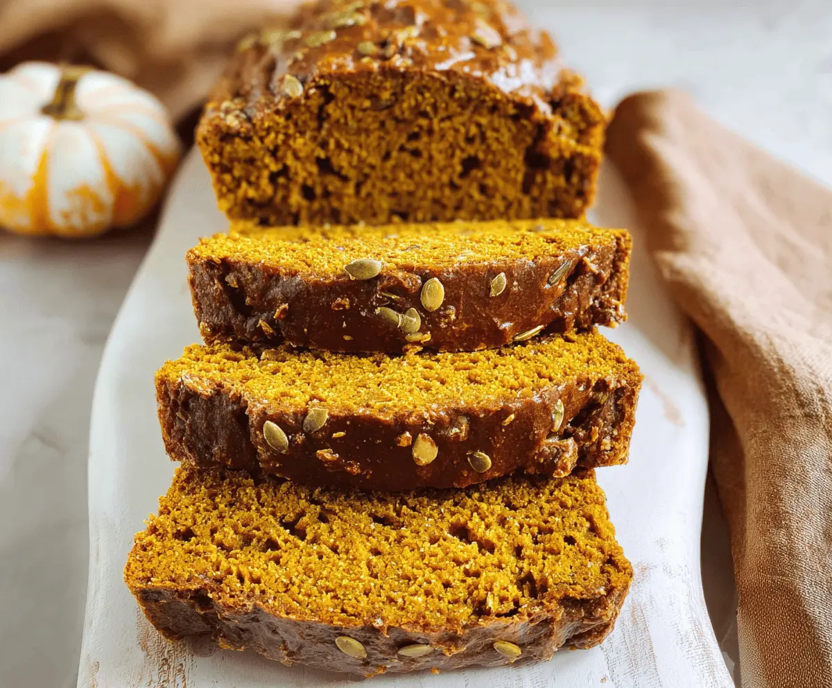 Delicious low calorie pumpkin bread sliced and ready to serve, perfect for a healthy fall treat