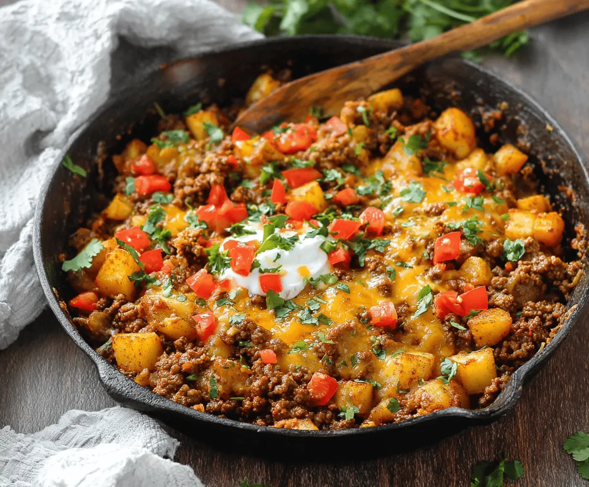 Delicious Mexican ground beef and potato skillet topped with fresh cilantro and melted cheese, served in a skillet for a flavorful and hearty meal.