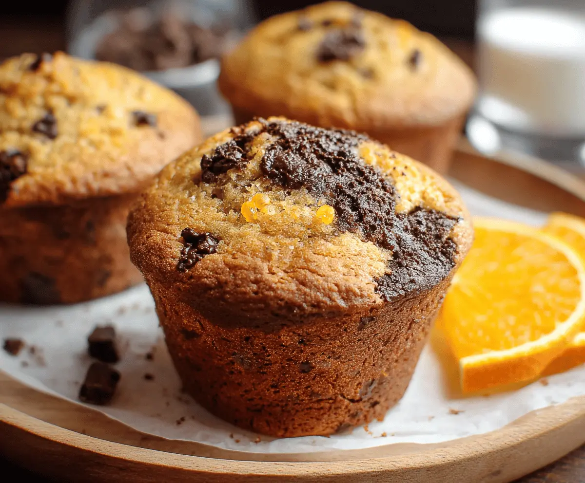 Delicious orange chocolate muffins with a rich chocolate glaze and orange zest topping on a white plate