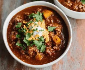 Delicious bowl of Paleo Pumpkin Chili featuring ground meat, diced pumpkin, vegetables, and spices served in a rustic bowl