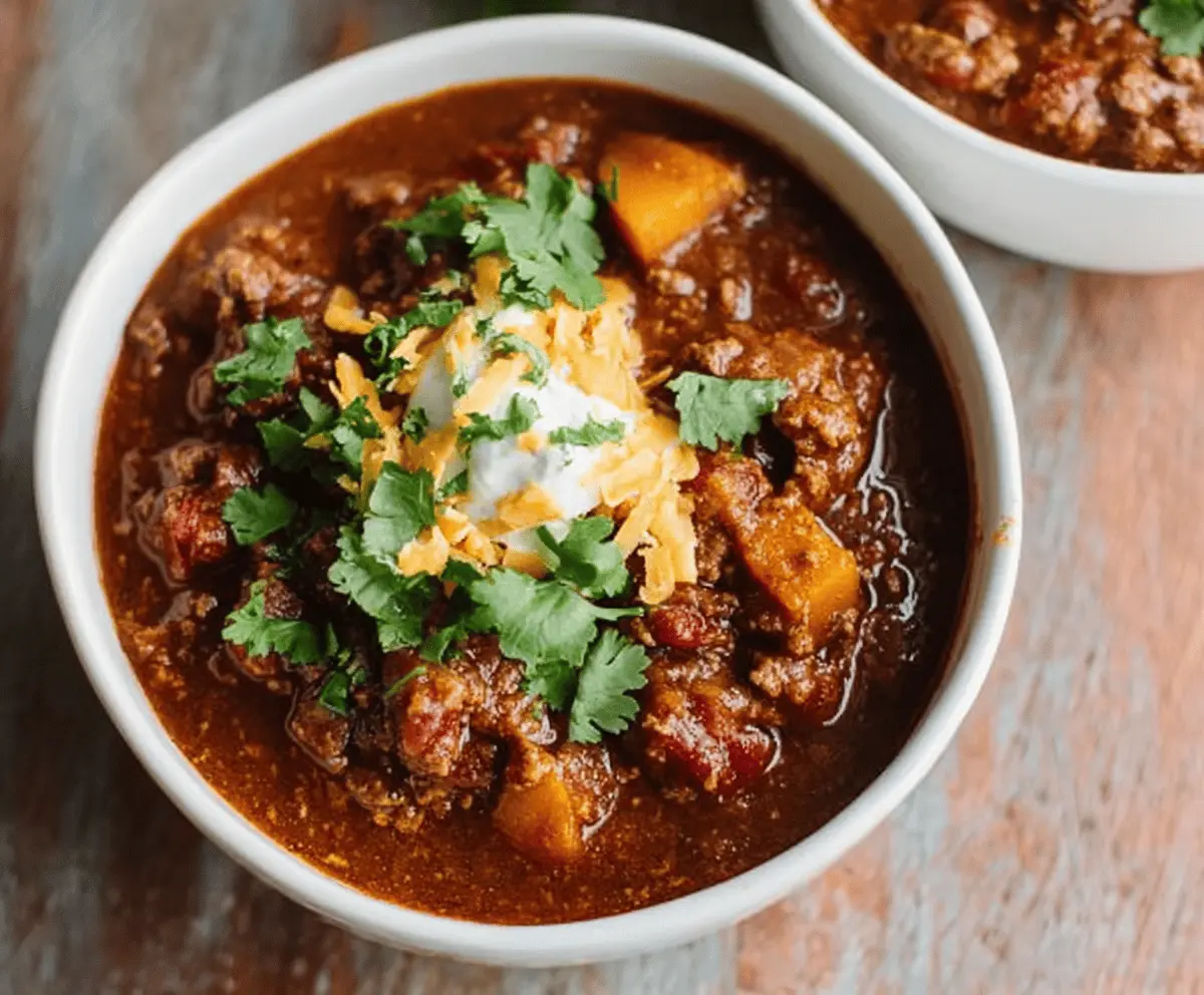 Delicious bowl of Paleo Pumpkin Chili featuring ground meat, diced pumpkin, vegetables, and spices served in a rustic bowl