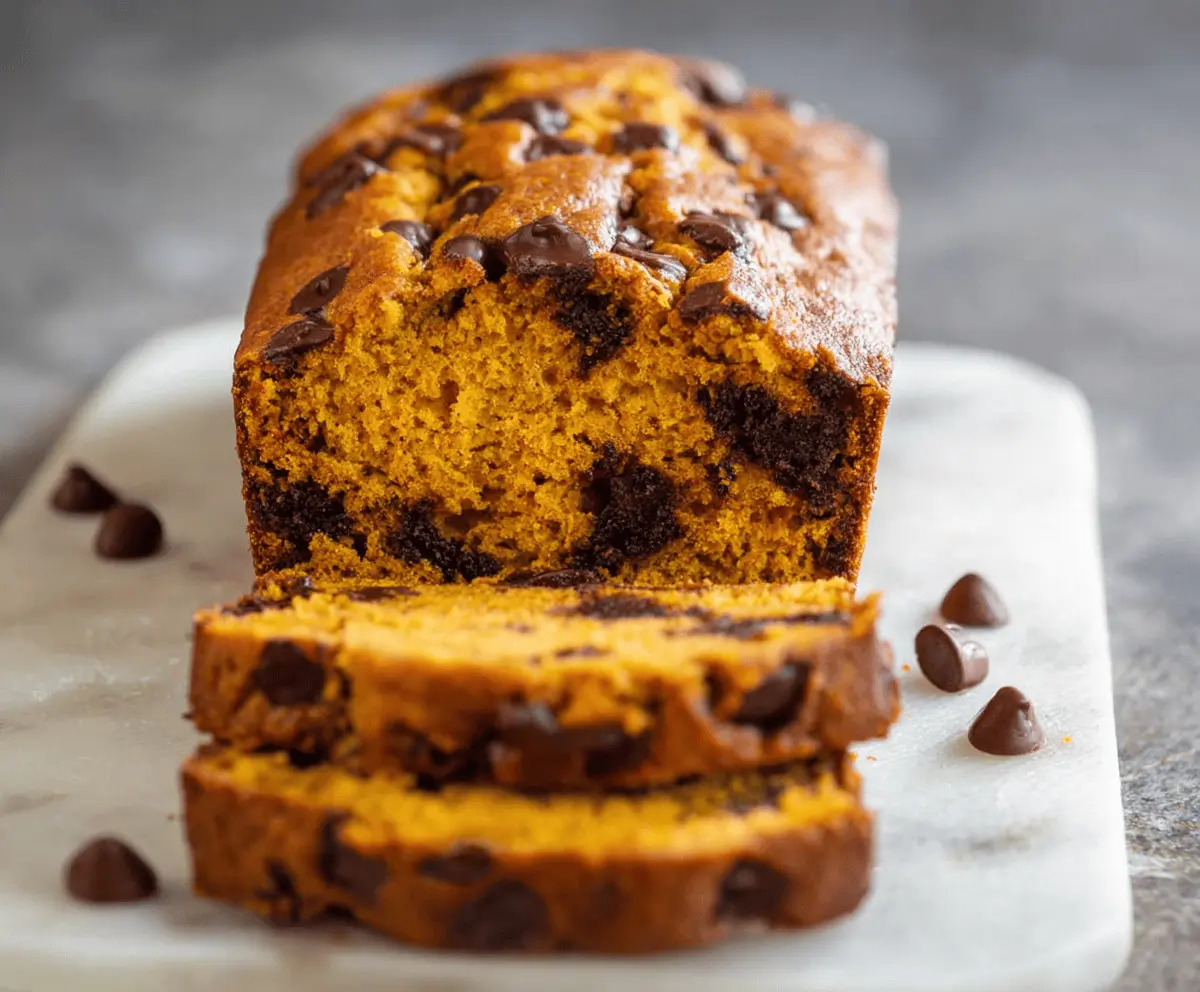 Delicious homemade pumpkin chocolate chip bread sliced with visible chocolate chips and pumpkin puree, perfect for fall desserts and breakfast