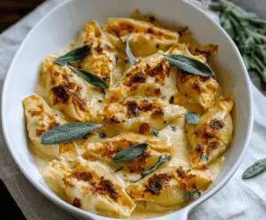 Creamy pumpkin and gouda stuffed pasta shells topped with brown butter and sage Alfredo sauce, garnished with fresh herbs for a flavorful fall-inspired dish.
