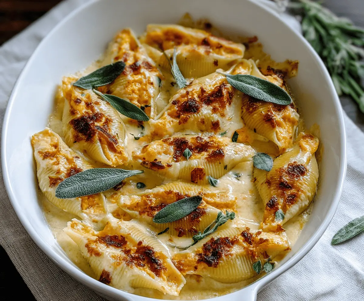 Creamy pumpkin and gouda stuffed pasta shells topped with brown butter and sage Alfredo sauce, garnished with fresh herbs for a flavorful fall-inspired dish.