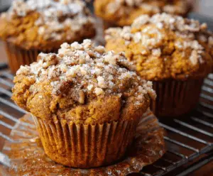 Freshly baked Pumpkin Pecan Muffins topped with pecans and cinnamon, perfect for fall breakfast or snacks.