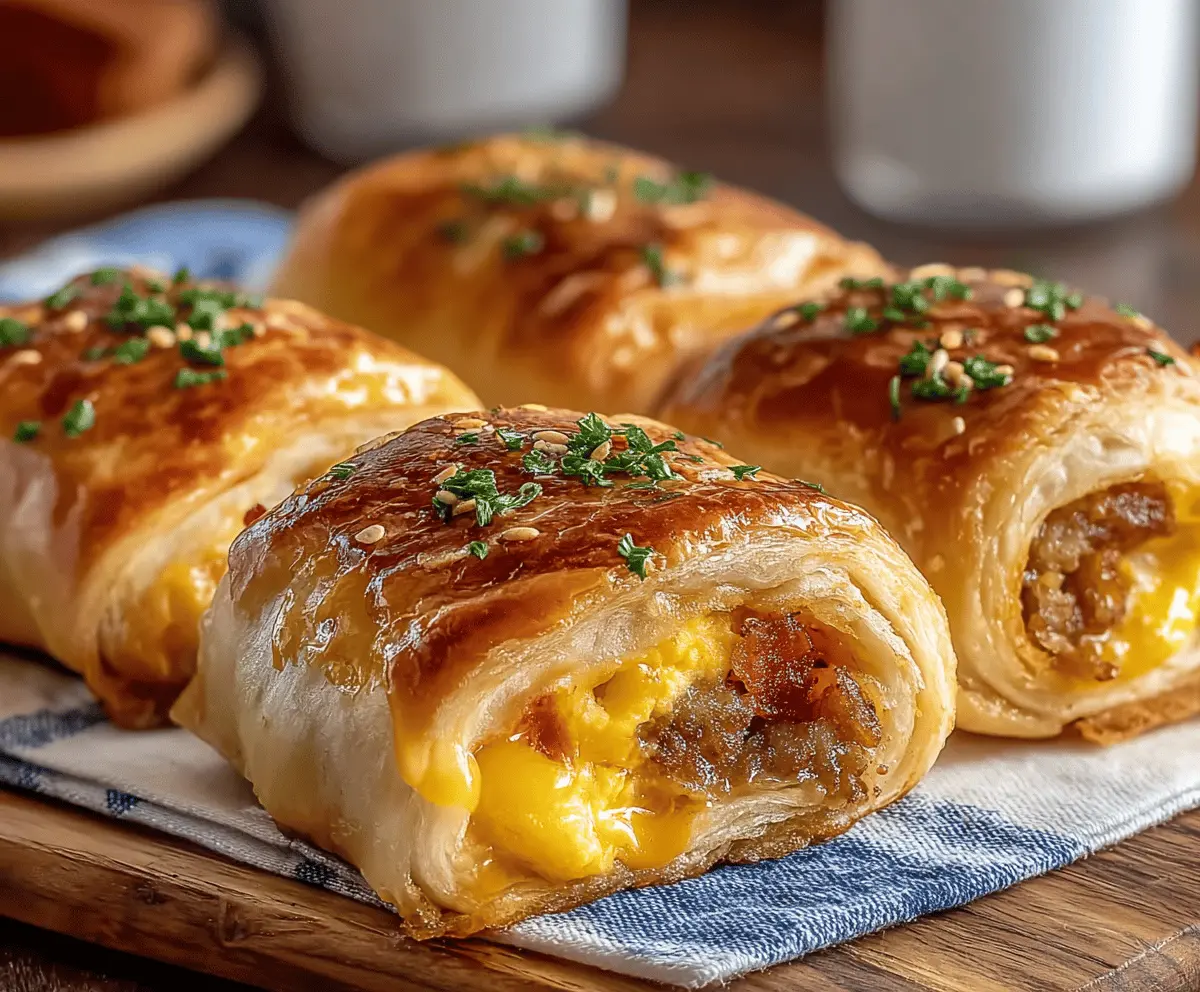 Delicious sausage and egg breakfast rolls ready to serve, perfect for a quick and satisfying morning meal