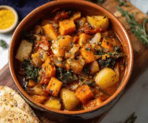 Hearty roasted root vegetable stew with colorful carrots, parsnips, and potatoes in a rustic bowl, perfect for a cozy meal.
