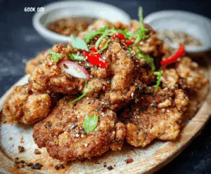 Crispy Salt and Pepper Chicken garnished with fresh herbs on a white plate, ready to serve