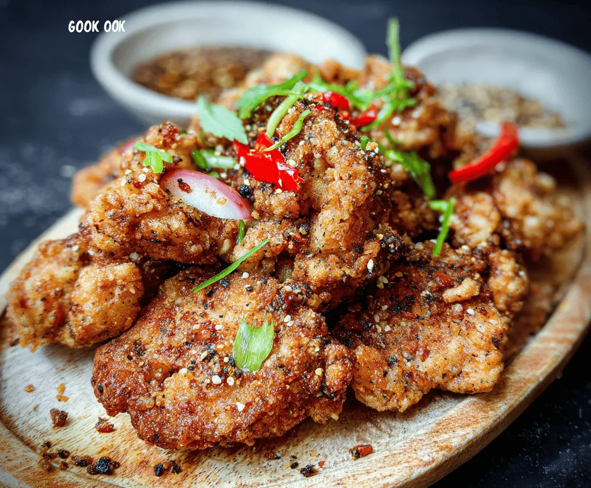 Crispy Salt and Pepper Chicken garnished with fresh herbs on a white plate, ready to serve