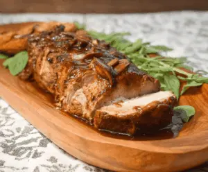 Tender slow cooker balsamic brown sugar pork roast garnished with fresh herbs, perfect for a flavorful and easy dinner