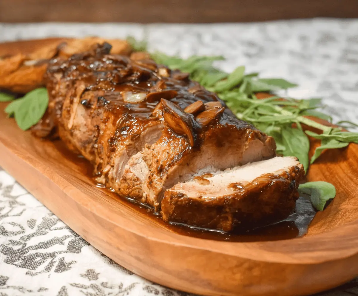 Tender slow cooker balsamic brown sugar pork roast garnished with fresh herbs, perfect for a flavorful and easy dinner