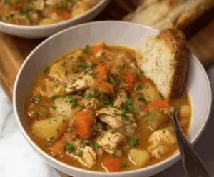 Hearty slow cooker chicken stew with tender chicken, vegetables, and herbs in a savory broth
