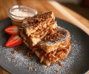 Delicious stuffed apple pie French toast topped with whipped cream and cinnamon, served on a plate for breakfast or brunch.